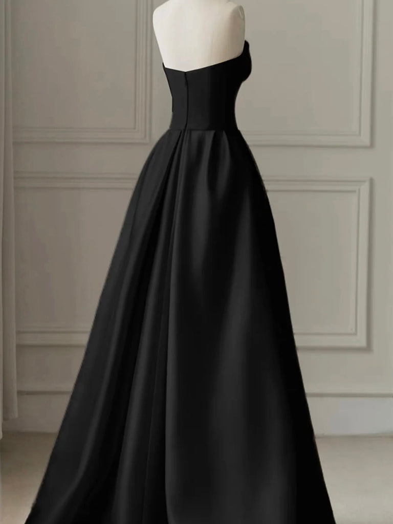 A-Line Tulle Satin Black/White Long Prom Dress. Black Long Formal Dress