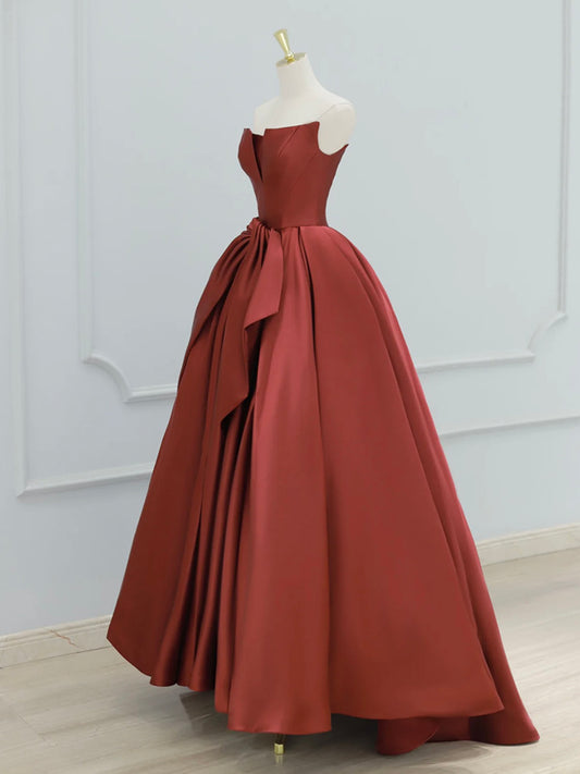 A-Line Satin Burgundy Long Prom Dress, Burgundy Long Formal Dress