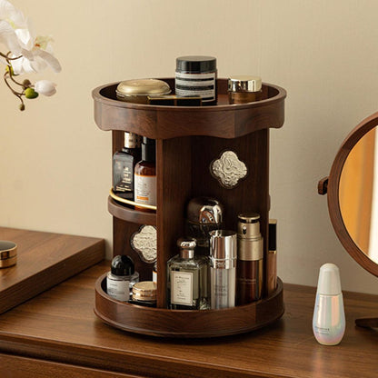 Vintage 360° Rotating Wooden Makeup Organizer – Elegant Vanity Storage with Carved Accents