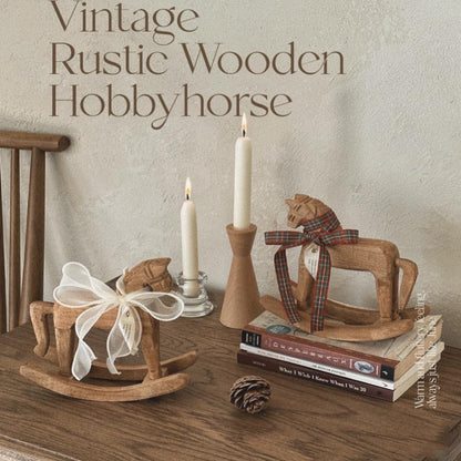 Vintage Wooden Rocking Horse Décor – Rustic Accent Piece with Ribbon