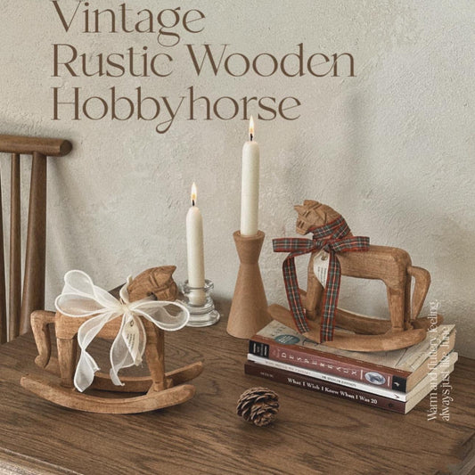 Vintage Wooden Rocking Horse Décor – Rustic Accent Piece with Ribbon