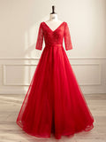Red A-Line Tulle Sequin Long Prom Dress, Red Formal Dress