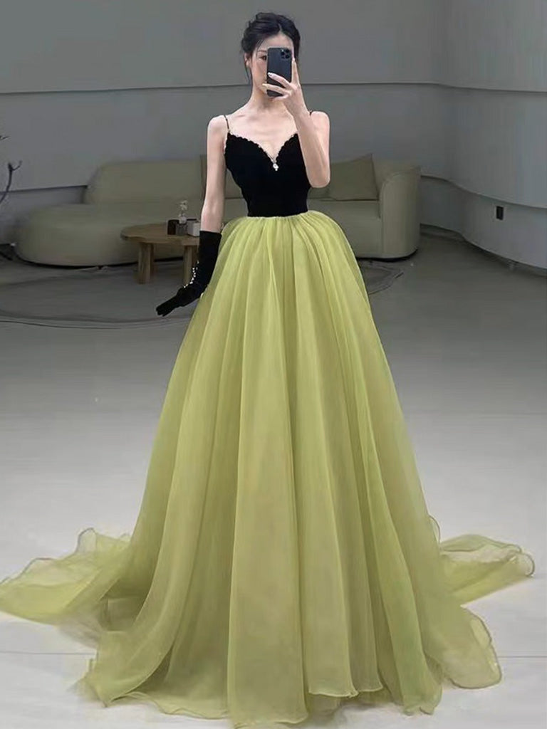 A-Line V Neck Green Tulle Long Prom Dress, Green Formal Dress