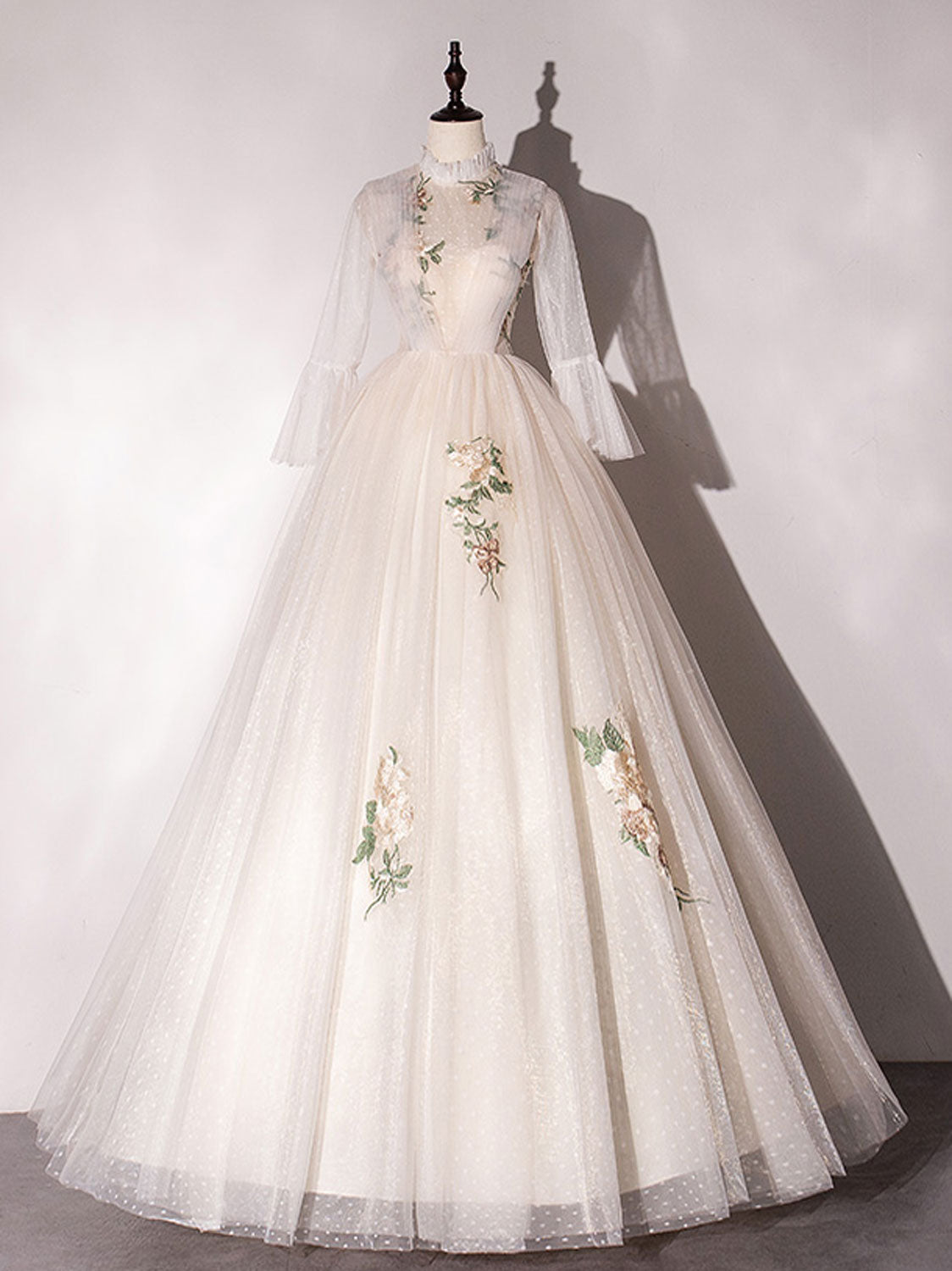 Champagne A-Line Tulle Lace Long Prom Dress, Lace Tulle Formal Dresses