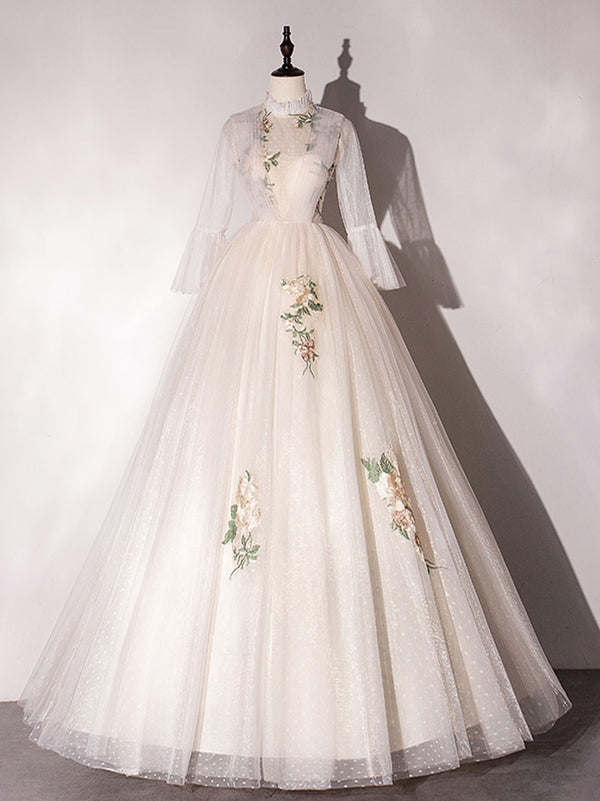 Champagne A-Line Tulle Lace Long Prom Dress, Lace Tulle Formal Dresses