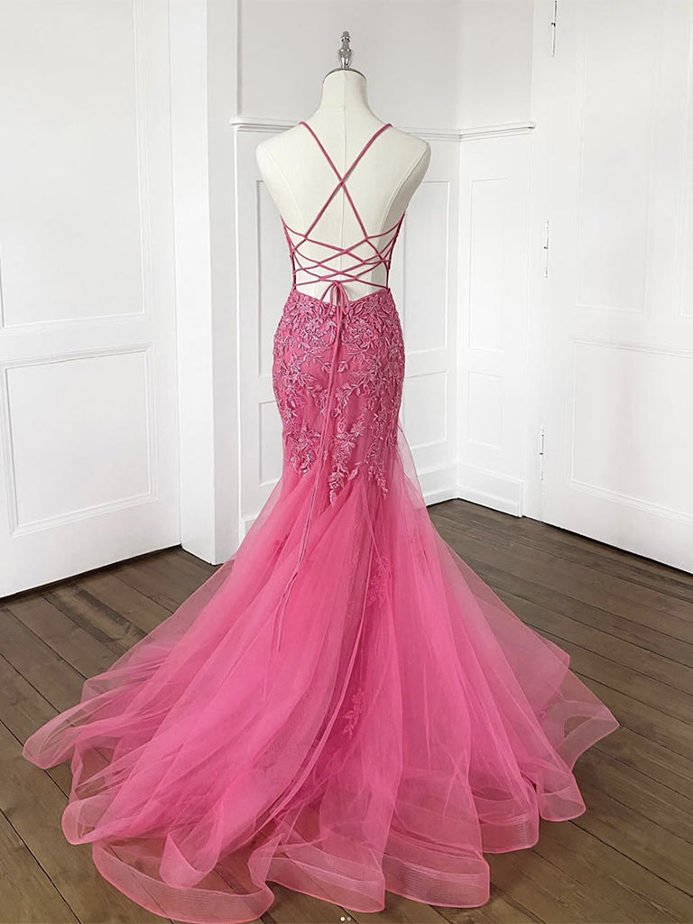 Mermaid V Neck Tulle Lace Yellow Long Prom Dress, Yellow Long Formal Dress