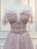 A-Line  Off Shoulder Tulle Lace Pink Long Prom Dress, Pink Long Graduation Dress