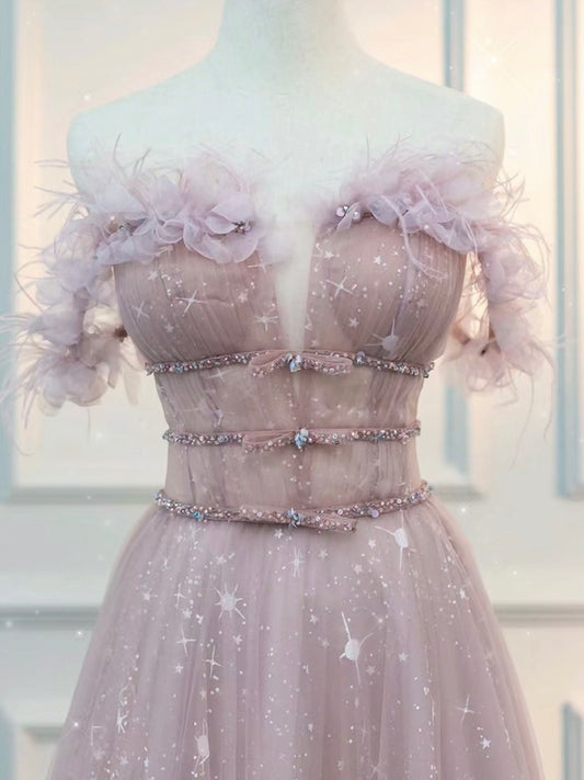 A-Line  Off Shoulder Tulle Lace Pink Long Prom Dress, Pink Long Graduation Dress