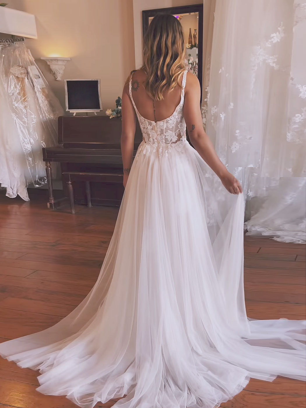 Aline Chiffon Lace White Long Prom Dress, Lace White Formal Evening Party Dress