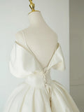 A-Line Off Shoulder Satin ivory Long Prom Dress, ivory Long Formal Dress