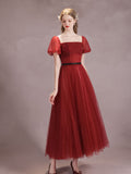 A-Line Burgundy Tulle Tea Length Prom Dress, Burgundy Formal Dress