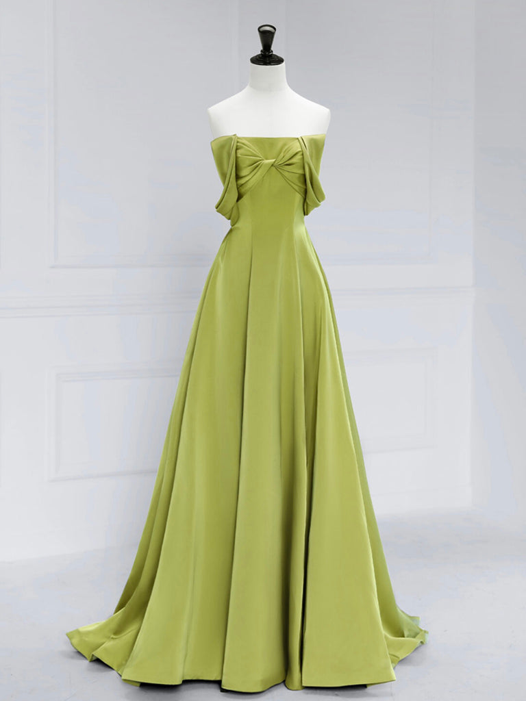 A-Line Off Shoulder Satin Green Long Prom Dress, Green Long Formal Dress