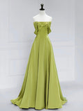A-Line Off Shoulder Satin Green Long Prom Dress, Green Long Formal Dress