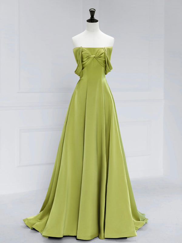 A-Line Off Shoulder Satin Green Long Prom Dress, Green Long Formal Dress