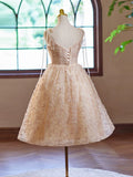 A-Line V Neck Tulle Lace Short Prom Dress, Champagne Homecoming Dress