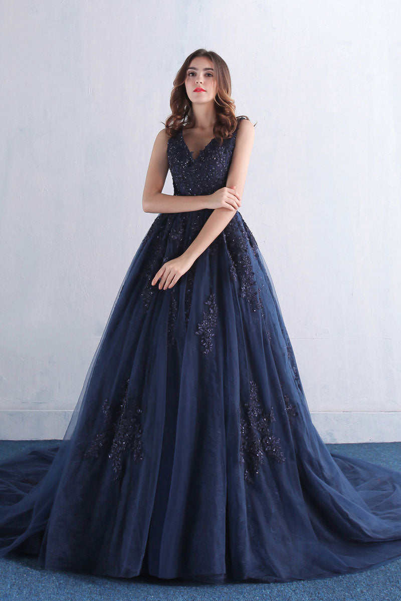 Dark blue v neck tulle lace long prom dress, blue evening dress