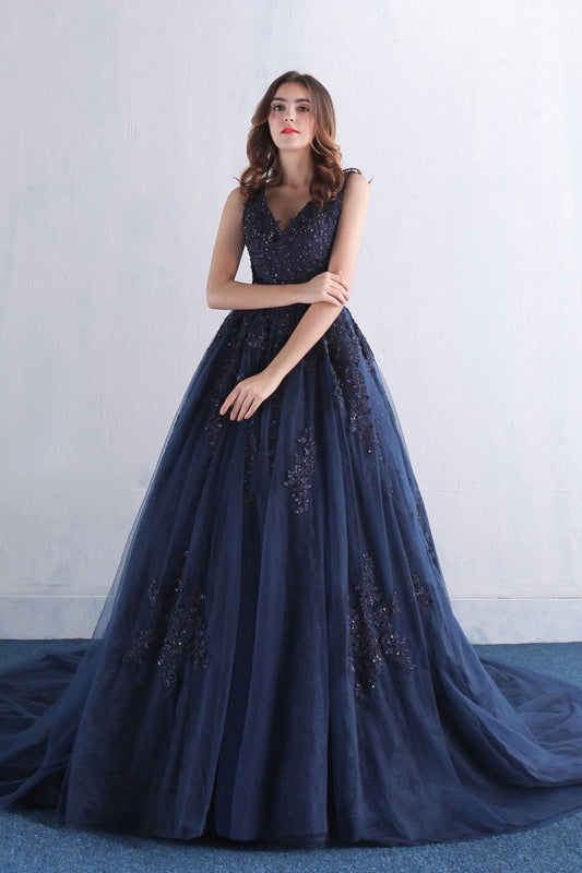 Dark blue v neck tulle lace long prom dress, blue evening dress