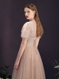 A-Line Tulle Lace Champagne Long Prom Dress, Tulle Lace Long Bridesmaid Dress