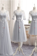 Gray tulle lace long prom dress, gray bridesmaid dress