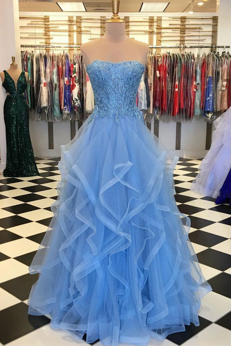 Blue tulle lace long prom dress, blue tulle lace evening dress