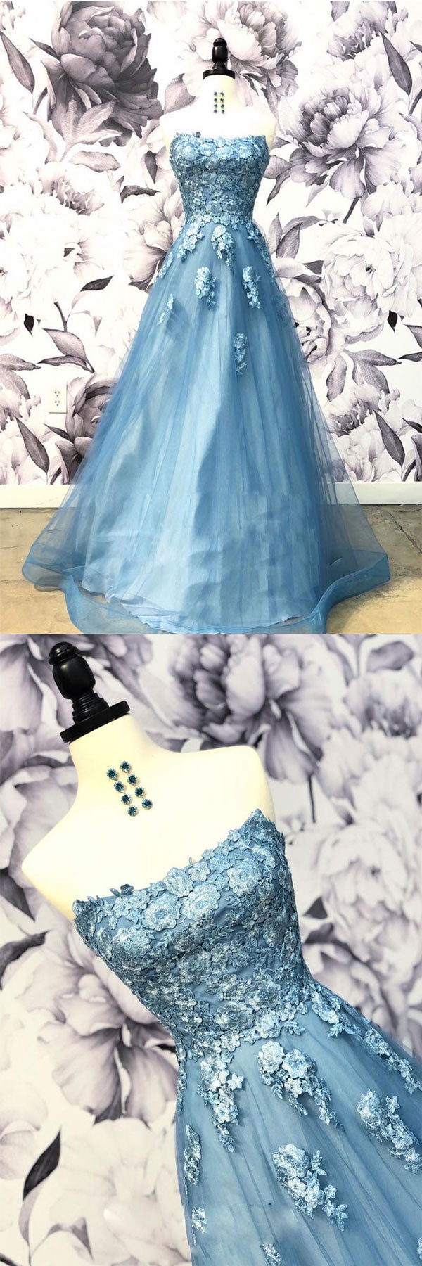 Blue sweetheart neck tulle applique long prom dress, blue evening dress
