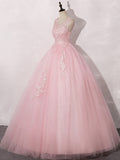 A-Line Round Neck Tulle Lace Pink Long Prom Dress, Pink Formal Dress