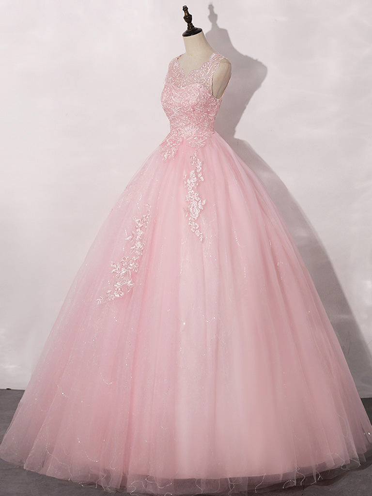 A-Line Round Neck Tulle Lace Pink Long Prom Dress, Pink Formal Dress