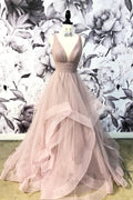 Champagne v neck tulle long prom dress, tulle evening dress