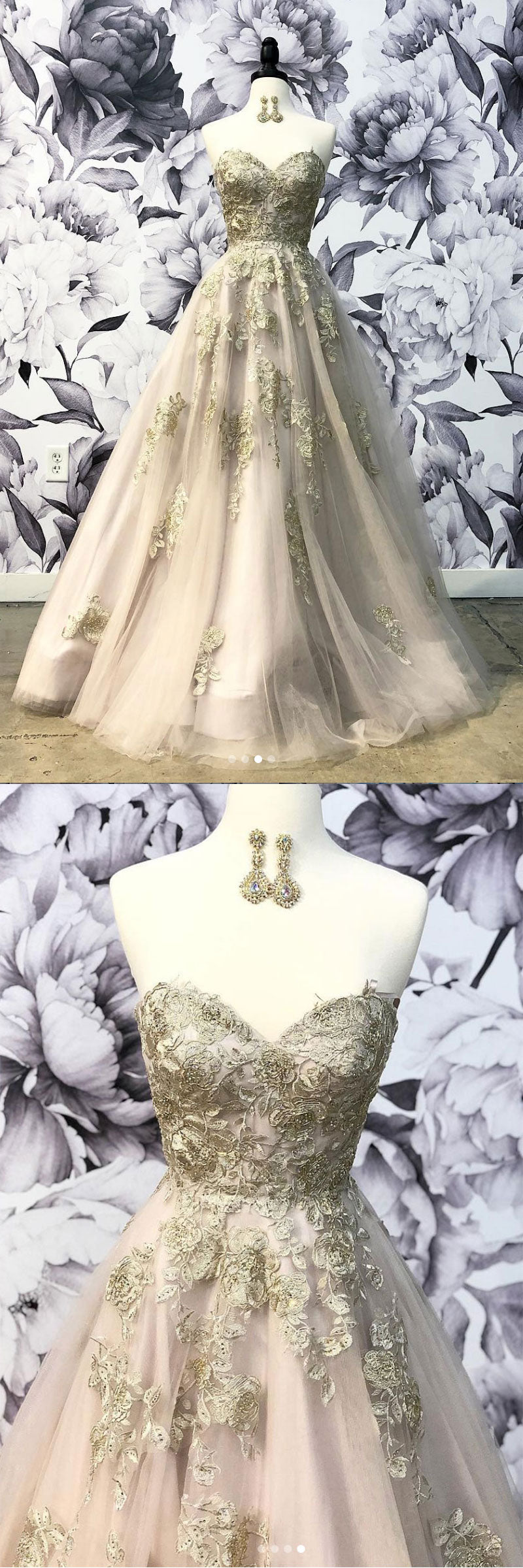 Champagne sweetheart tulle lace long prom dress, tulle lace evening dress