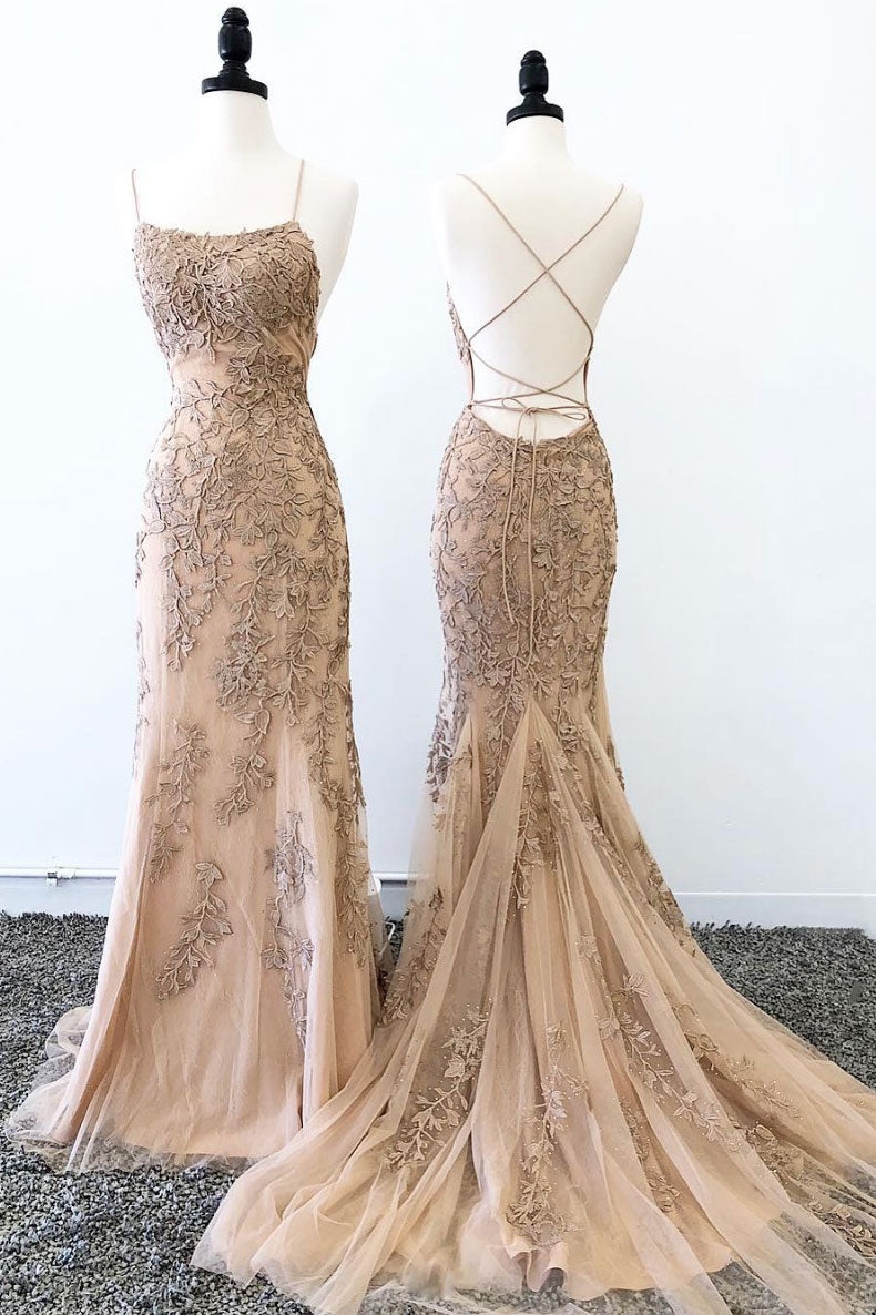 Champagne tulle lace long prom dress, champagne evening dress