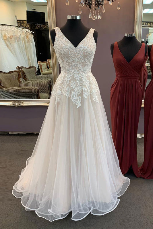 Light champagne v neck tulle long prom dress, champagne evening dress