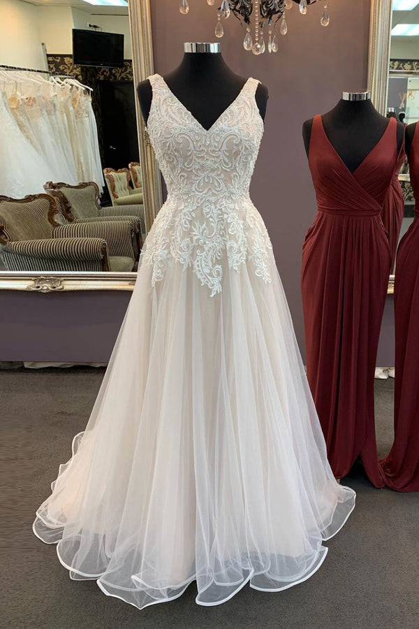 Light champagne v neck tulle long prom dress, champagne evening dress