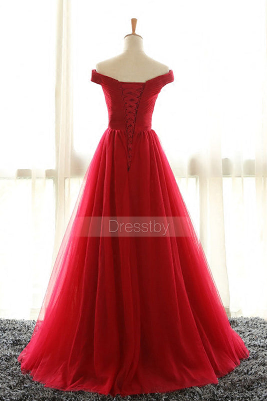 Simple red off shoulder tulle long prom dress, red evening dress