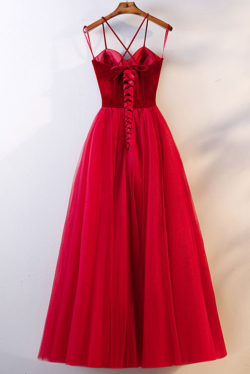 Red tulle long prom dress, simple red tulle evening dress