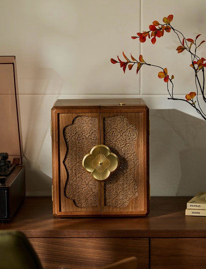 Handcrafted Walnut Jewelry Cabinet with Floral Lock