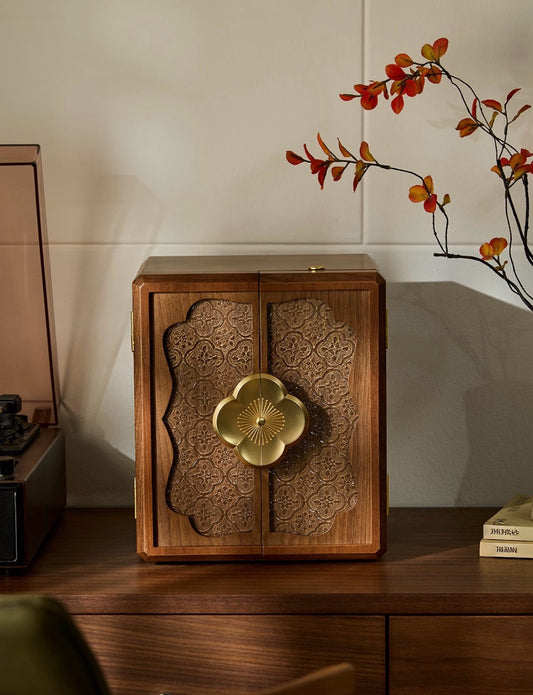 Handcrafted Walnut Jewelry Cabinet with Floral Lock