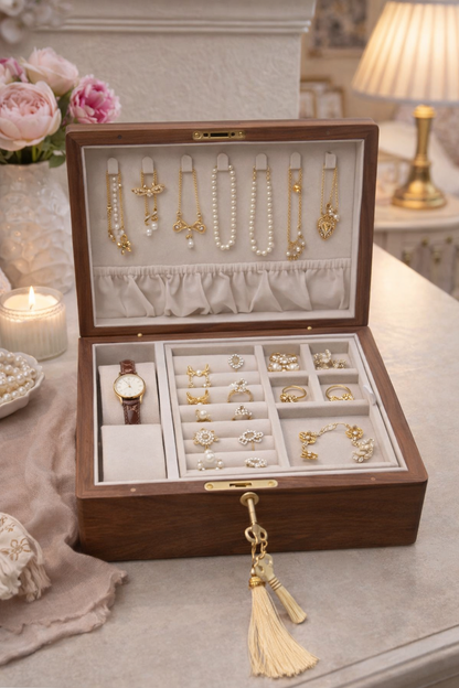 Walnut Jewelry Box with Pull-Out Tray – Elegant Wooden Jewelry Organizer with Necklace Hooks