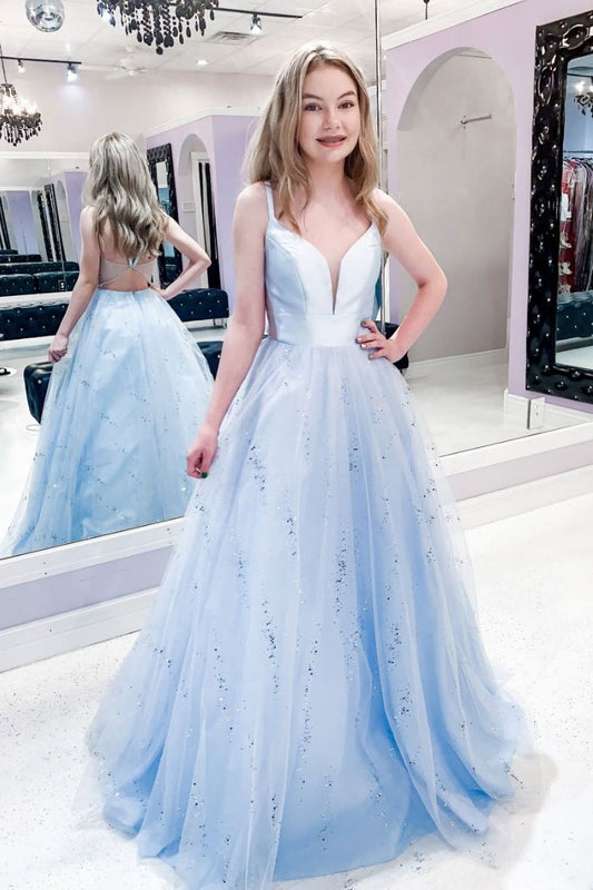 Blue v neck tulle long prom dress blue tulle formal dress