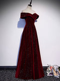 A-Line Off Shoulder V Neck Velvet Burgundy Long Prom Dress, Burgundy Long Formal Dress