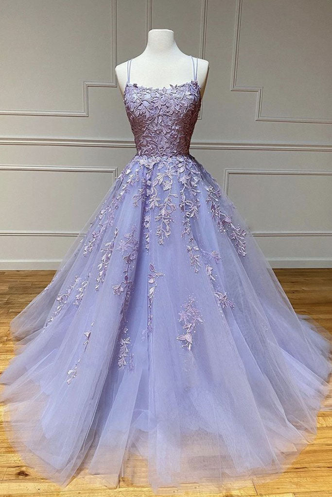 Purple tulle lace long prom dress purple lace formal dress
