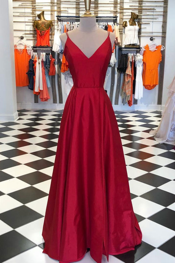 Simple v neck burgundy long prom dress, burgundy evening dress