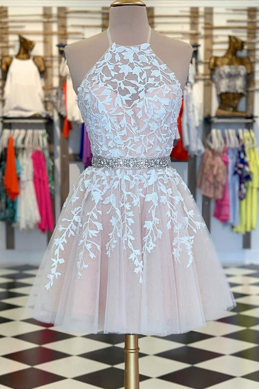 Champagne tulle lace short prom dress champagne homecoming dress