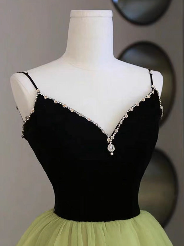 A-Line V Neck Green Tulle Long Prom Dress, Green Formal Dress