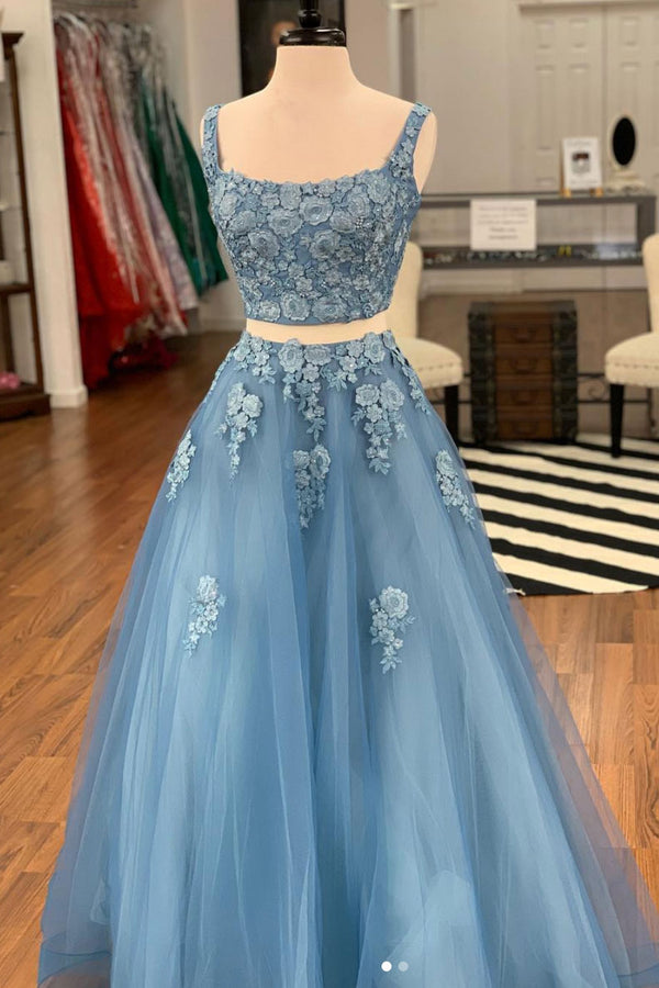 Blue two pieces lace tulle long prom dress, blue evening dress