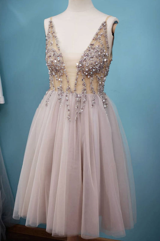 Gray v neck tulle beads sequin short prom dress gray formal dress