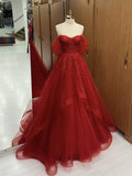 A-Line Sweetheart Neck Off Shoulder Tulle Lace Burgundy Long Prom Dress