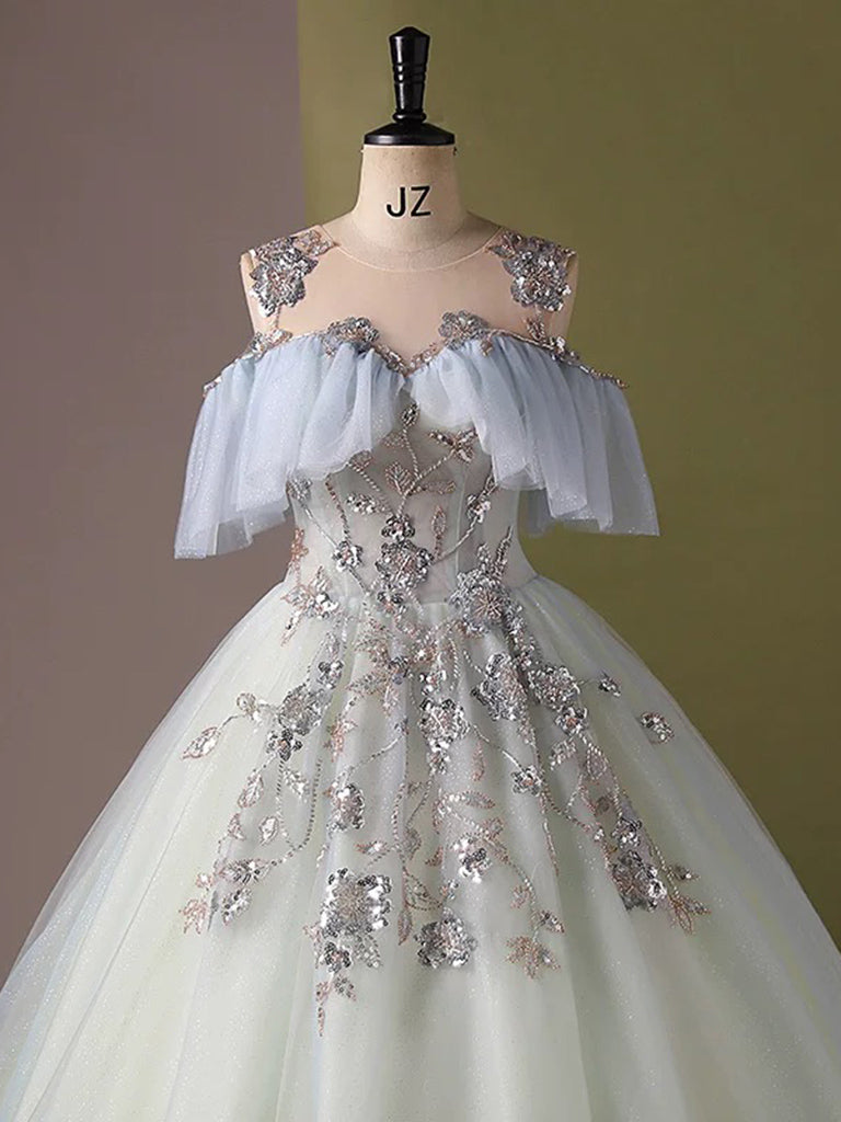 A-Line Tulle Sequin Lace Long Blue Prom Dress, Blue Long Formal Dress