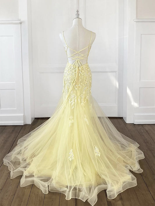 Mermaid V Neck Tulle Lace Yellow Long Prom Dress, Yellow Long Formal Dress