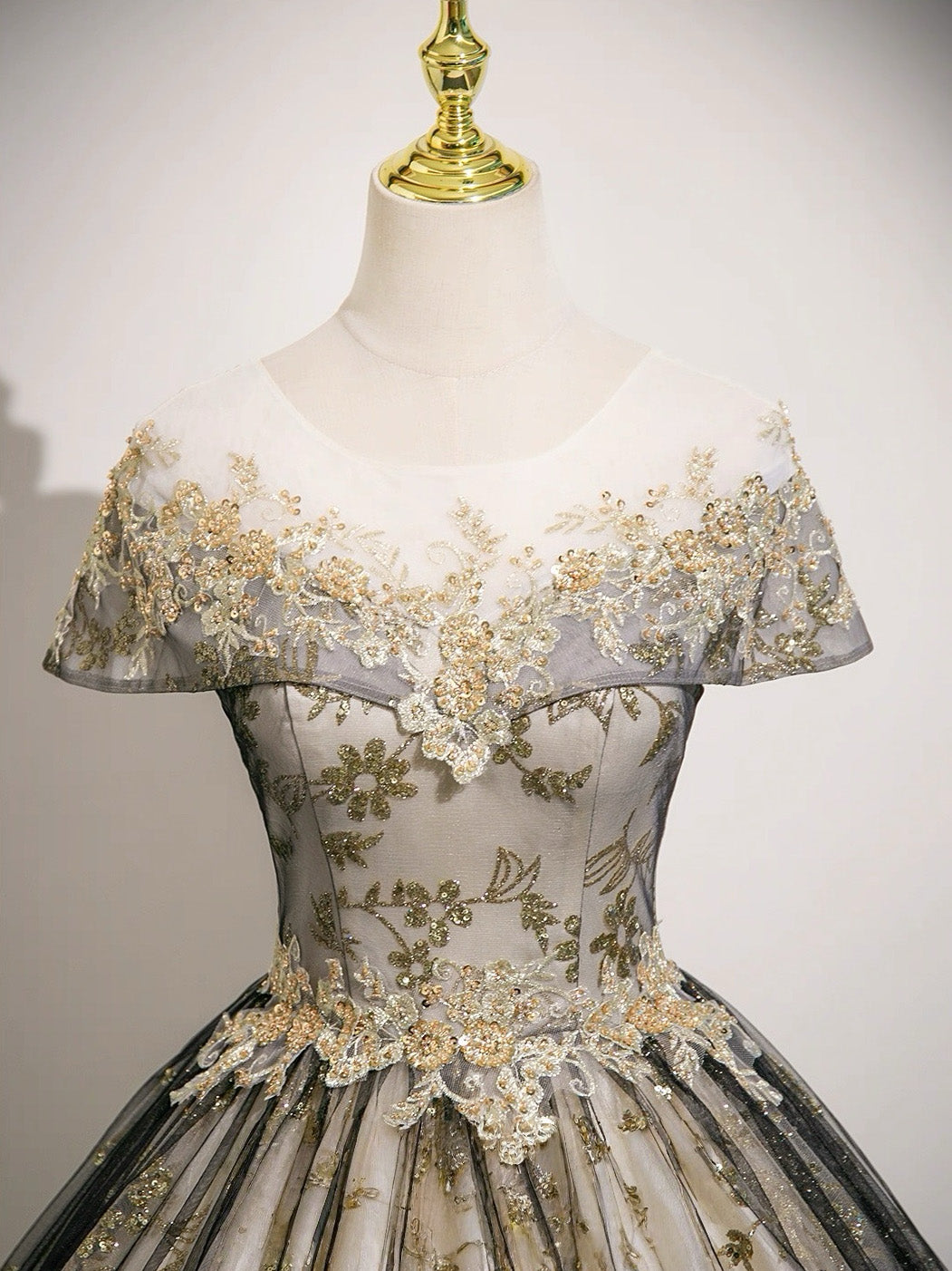 A-Line Tulle Lace Gray Long Prom Dress, Gray Long Evening Dress