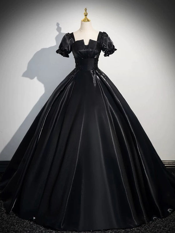 A-Line Short sleeve Satin Black Long Prom Dress, Black Long Evening Dress